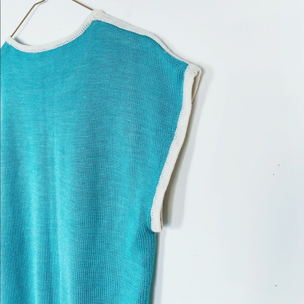70s abstract knit sweater shirt - sleeveless - vtg turquoise white - Picture 3 of 5